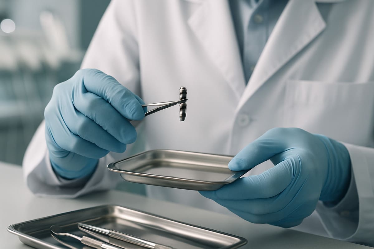Dentysta w białym fartuchu i niebieskich rękawiczkach delikatnie umieszcza tytanowy element na metalowej tacy, przygotowując go do zabiegu z wykorzystaniem implantów zębowych.