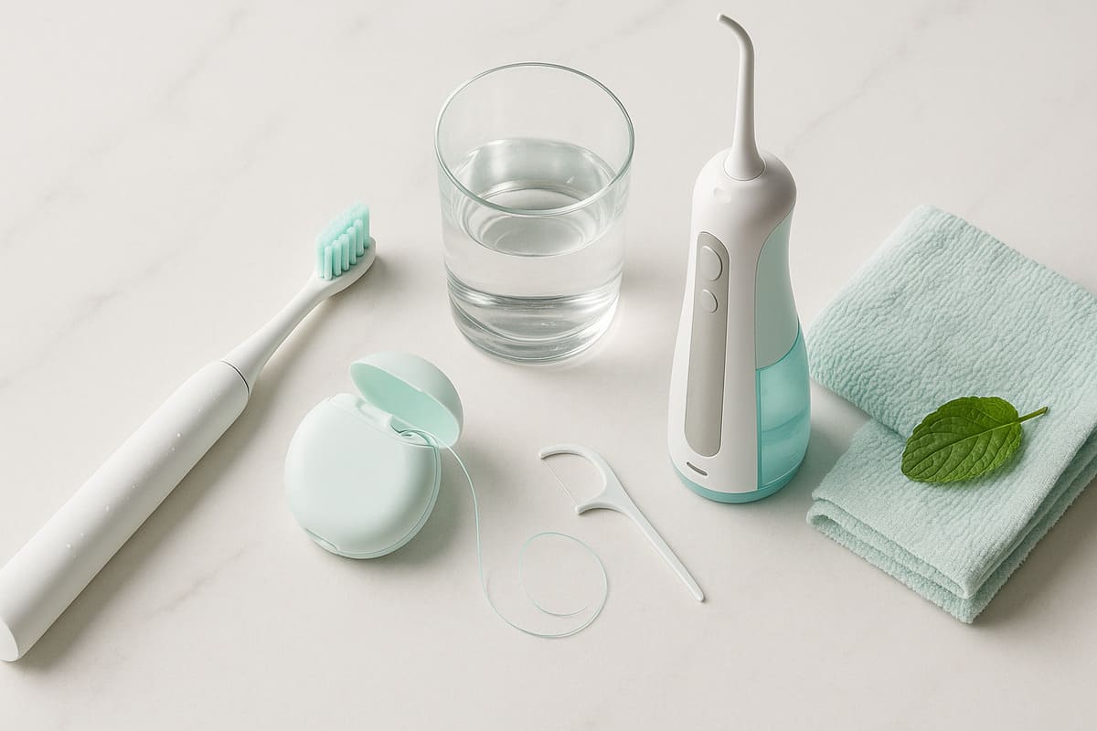 Higieniczny zestaw do pielęgnacji jamy ustnej – szczoteczka soniczna, nić dentystyczna i irygator na blacie, pokazujące jak dbać o zęby.