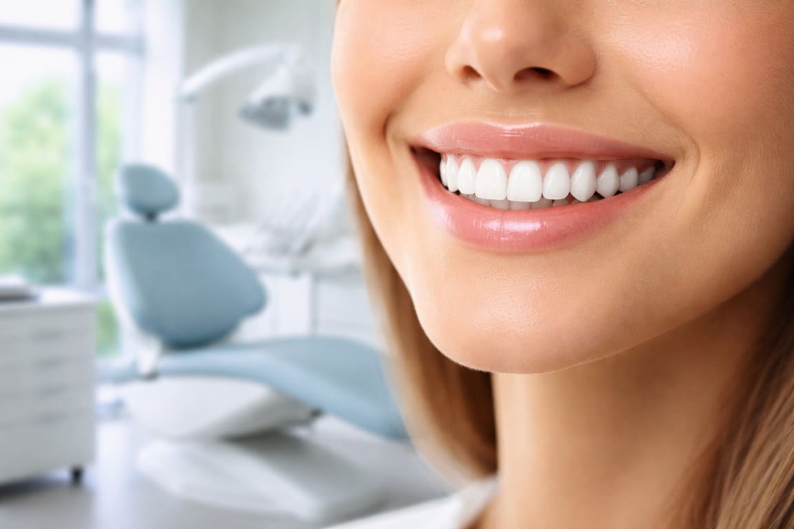 Zbliżenie na naturalnie jasny uśmiech po zabiegu wybielanie zębów bielsko w nowoczesnym gabinecie stomatologicznym, w tle estetyczny fotel dentystyczny i jasne wnętrze w dziennym świetle.